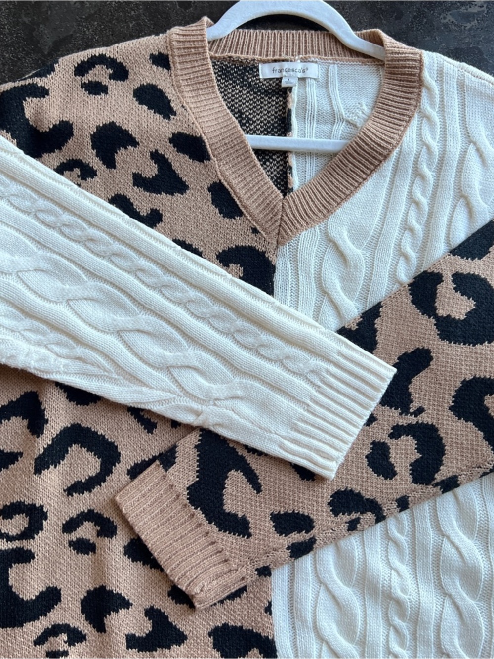 Francesca's Two-Tone Cable Knit & Leopard V-Neck Sweater - Size L/XL